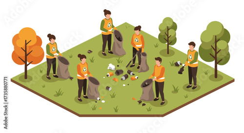 Community cleanup day in isometric design with volunteers collecting trash in park