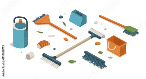 Isometric cleaning tools and debris on white background