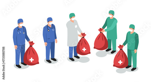 Healthcare professionals safely handling medical waste in isometric style