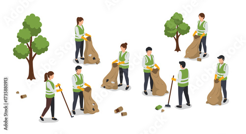 Community cleanup initiative team volunteers collecting litter in the park