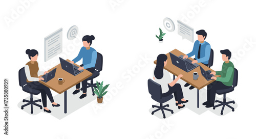 Collaborative office meeting scenes with teamwork and communication focus