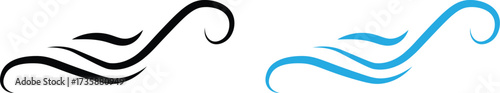 Wind air line effect in doodle style. Wind blow line icon set. sea wave icon, wind blowing icon. Blue and black hand drawn wind swirls and gusts. Decorative breeze symbols for weather, nature, and cli