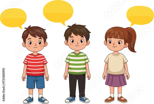 Cartoon children with empty speech bubbles for dialogue, communication, classroom activity, language learning, educational vector, school scene, and interaction