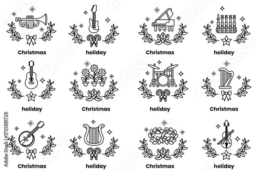 Set of illustrations in the concept of musical instruments and Christmas holidays in line art style