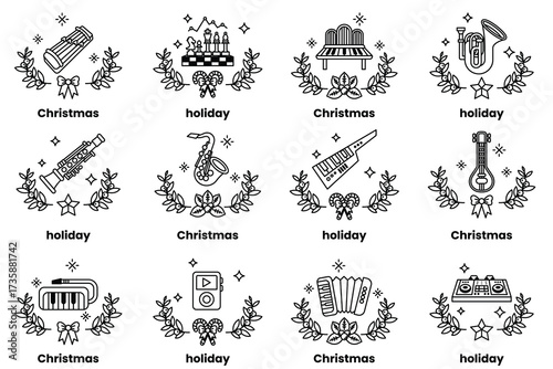 Set of illustrations in the concept of musical instruments and Christmas holidays in line art style