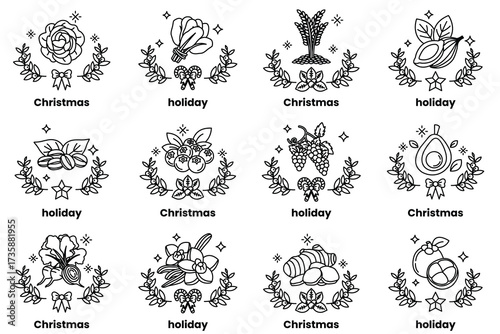 set of illustrations in the concept of vegetables, fruits and Christmas holidays in line art style