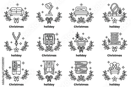 set of illustrations in the concept of furniture and Christmas holidays in line art style