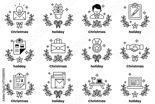 Set of illustrations in the concept of business and Christmas holidays in line art style