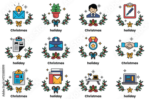 Set of illustrations in the concept of business and Christmas holidays in line art style