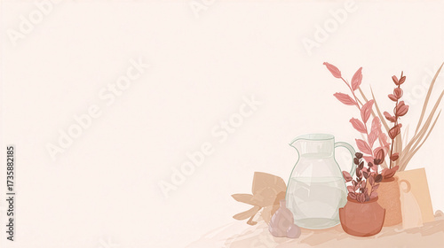 Minimal Wellness Corner with Glassware and Dried Plants – Soft Pastel Background