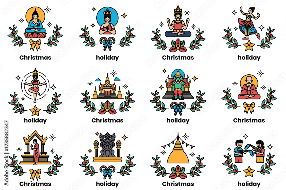 Fototapeta premium Set of illustrations in the concept of Asian culture and Christmas holidays in line art style