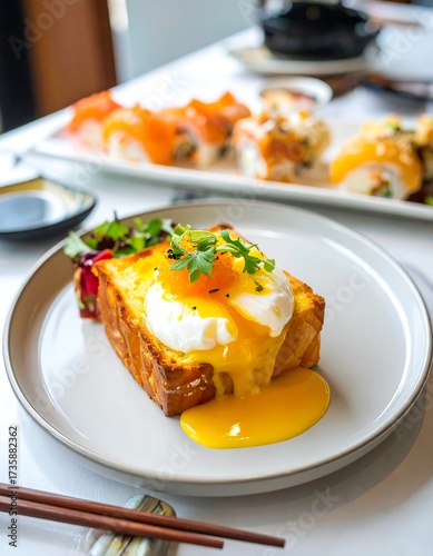 Brunch dish with poached egg and hollandaise sauce on toast