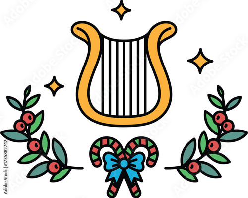 A black and white drawing of a harp with a bow and leaves