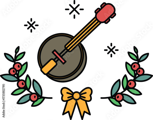 A black and white drawing of a mandolin with a bow around it