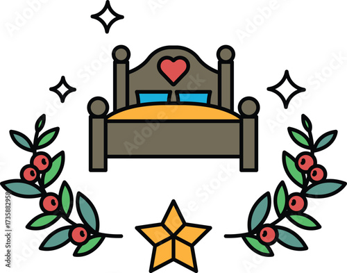 A bed with a heart on it and leaves around it