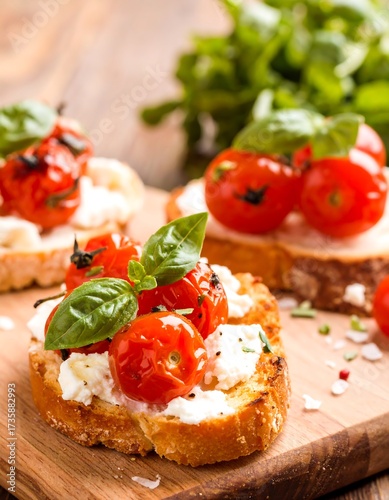 Bruschetta appetizers with toasted bread, cherry tomatoes, and herbs