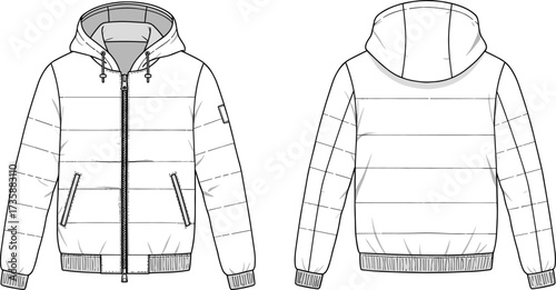 CAD drawing flat vector illustration, padded winter jacket with hoodie, front and back view, fashion technical sketch, outerwear design template, coat mockup