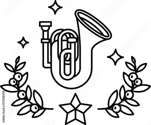 A black and white drawing of a trombone with a leafy border