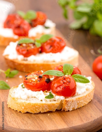 Bruschetta appetizers on a wooden board