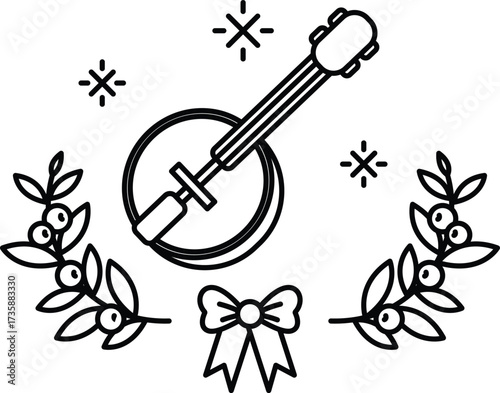 A black and white drawing of a mandolin with a bow around it