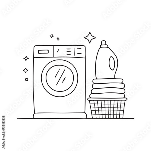 A washing machine on a laundry room floor with a basket of towels