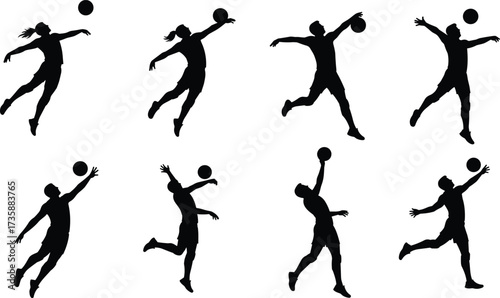 Athlete silhouette jumping, ball interaction pose, volleyball spike motion, basketball reach action, dynamic sports figure, isolated training movement, black background