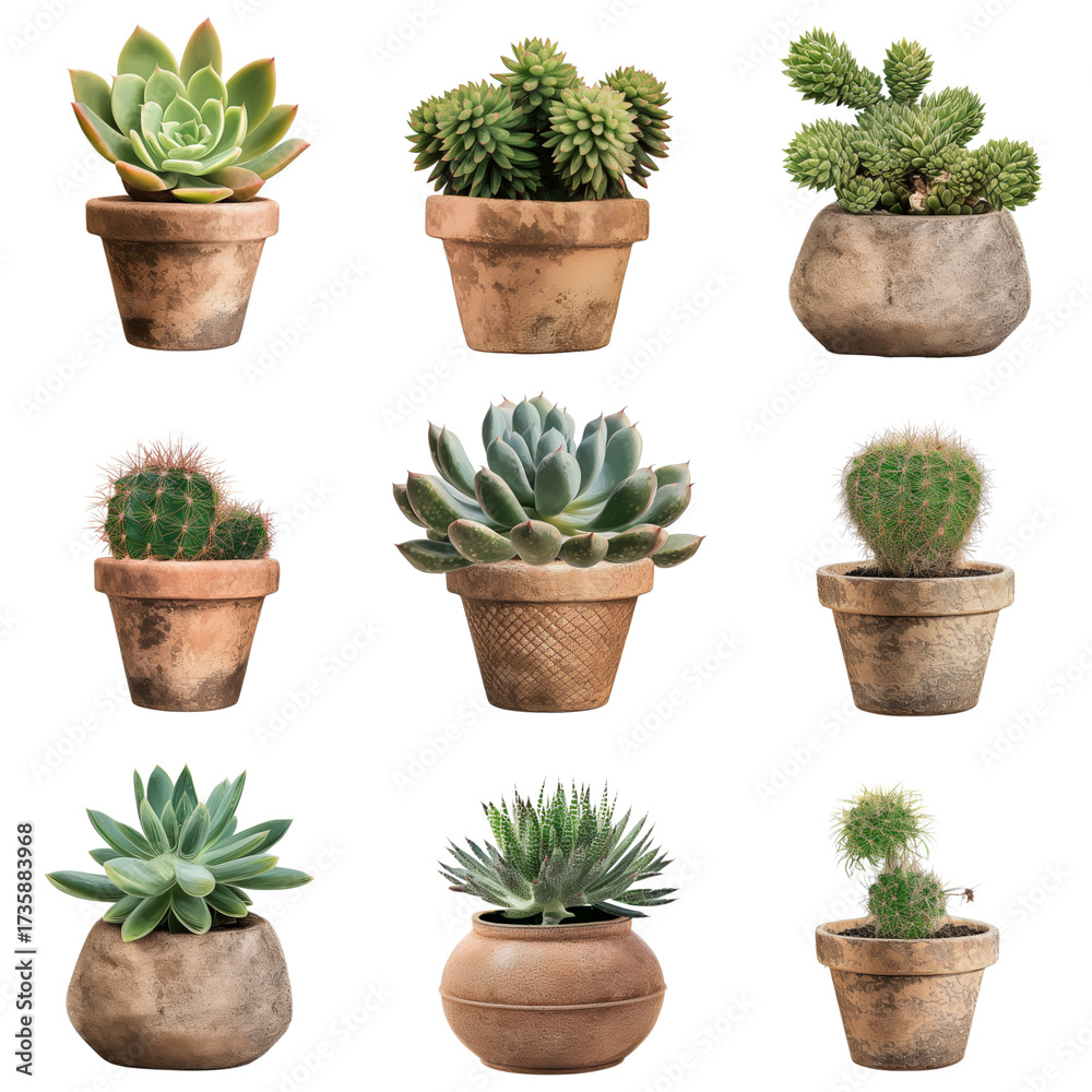 Fototapeta premium ollection of various succulents and cacti in rustic clay pots