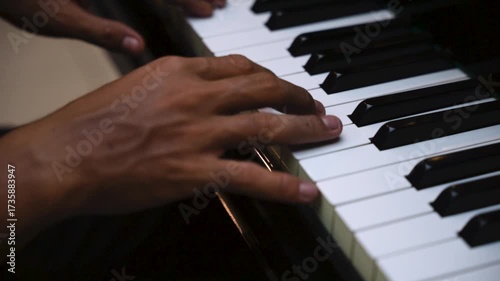 Close-Up of Hands Playing Piano Keys Under Low Light – Music Practice and Performance Concept