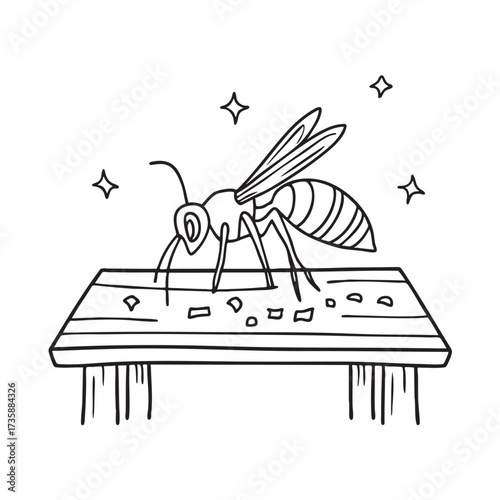 A wasp crawling on a picnic table with scattered crumbs