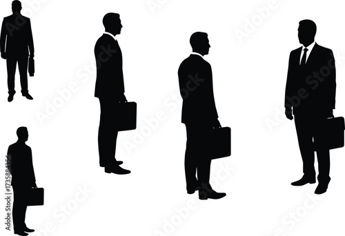 Business silhouettes, briefcase holding, male figure, corporate stance, directional posture, black suit, office identity, executive presence, branding, visual uniformity