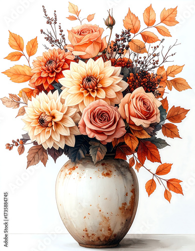 Autumn Bouquet Of Peach And White Roses Illustration