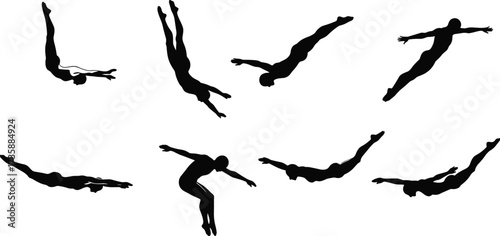 Diving silhouettes, athletic motion, mid-air poses, swimmer technique, dynamic movement, sports training, body control, water entry, black figures, precision