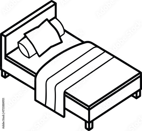 Modern Isometric Bed Illustration – Simple Line Drawing with Cushion and Cover