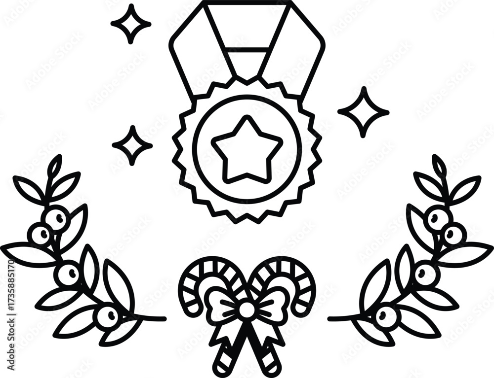 Obraz premium A black and white drawing of a wreath with a star and a medal