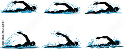 Freestyle swim sequence, swimmer silhouette, arm motion, water splash, athletic technique, sports training, competitive swimming, isolated vector, biomechanics illustration, motion breakdown
