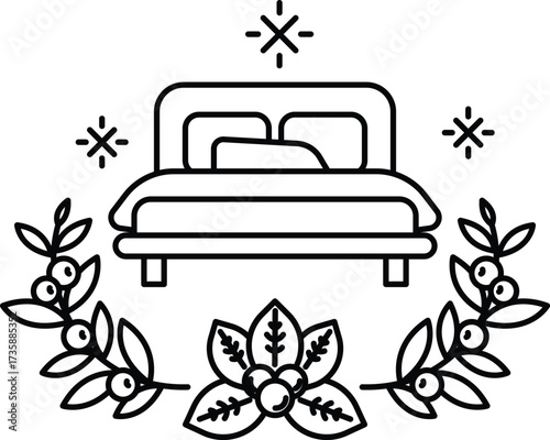 A bed with a floral design around it