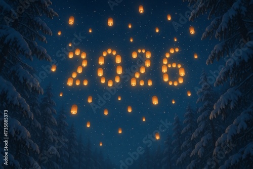 New year 2026 illuminated by floating lanterns in snowy forest, winter night sky with glowing lights and festive atmosphere.