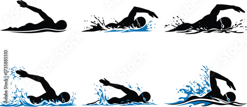 Freestyle swimming sequence, swimmer silhouette, water splash, arm movement, stroke technique, sports training, dynamic motion, isolated vector, athletic form, fluid dynamics