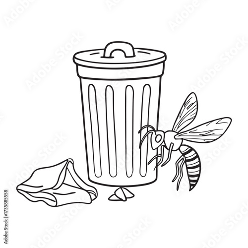 A wasp near a trash bin with leftover food wrappers