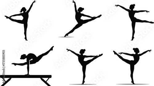 Gymnast silhouettes, athletic poses, balance beam, dynamic movement, flexibility, strength, black figures, motion study, body control, artistic performancei