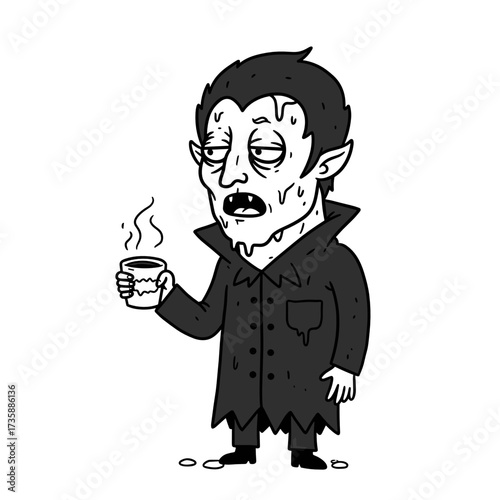 Cartoon vampire holding a steaming cup in tattered clothing  