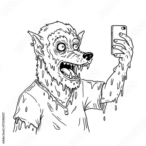 Cartoon wolf character taking a selfie while covered in slime - Concept of halloween  