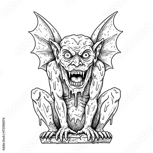 Scary gargoyle creature sitting with wings and sinister expression for Halloween  