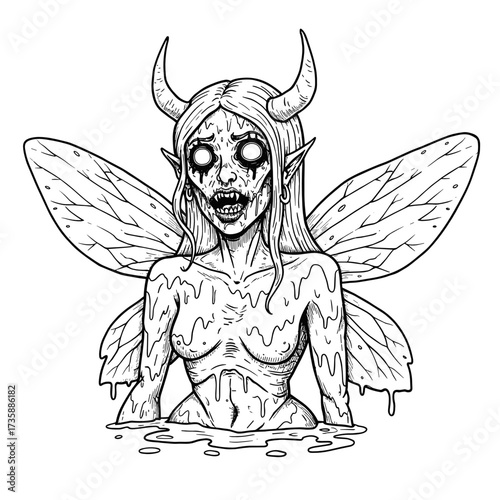 Gruesome fairy with horns emerging from a swampy background for Halloween  