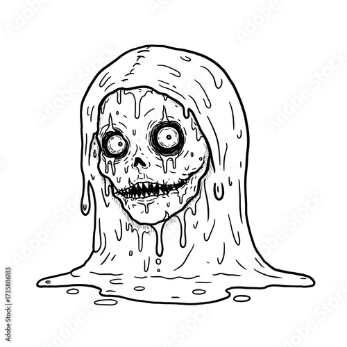 Creepy skull figure oozing liquid in a spooky Halloween theme  