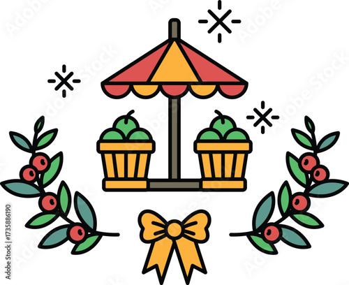 A black and white drawing of a fruit stand with a canopy and a bow