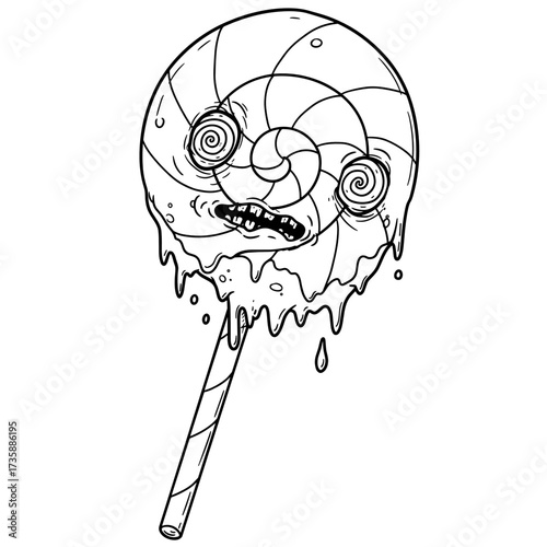 Melting lollipop with a distressed face and swirling eyes, Halloween concept  
