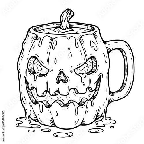 Pumpkin mug with a scary face and dripping green liquid for Halloween  