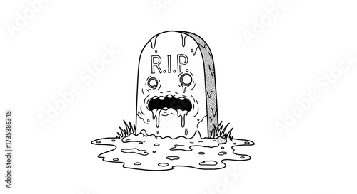 Cartoon gravestone with facial expression and eerie features in mud  