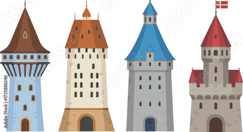 Cartoon medieval tower illustration set, vector drawing of fantasy castles, architectural elements, historical buildings, and fairytale design content themes